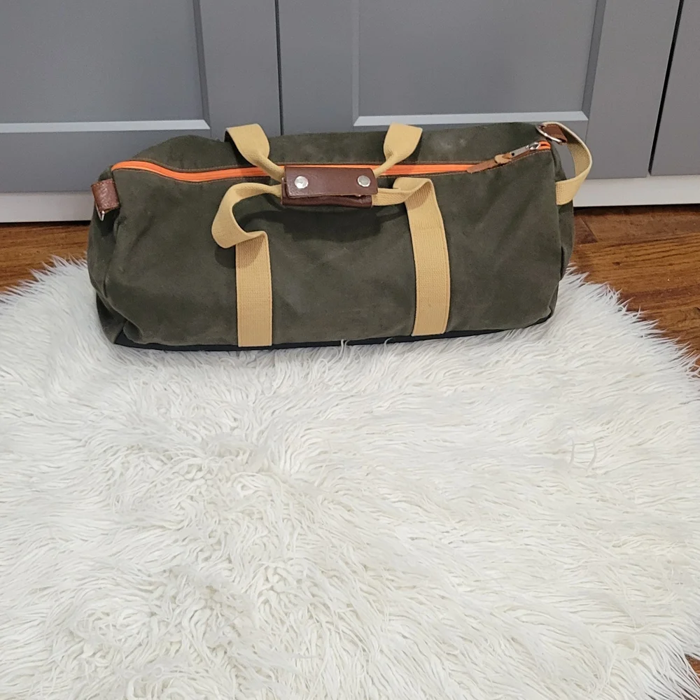WORK HARD PLAY Olive Green Duffel Bag with Tan Straps